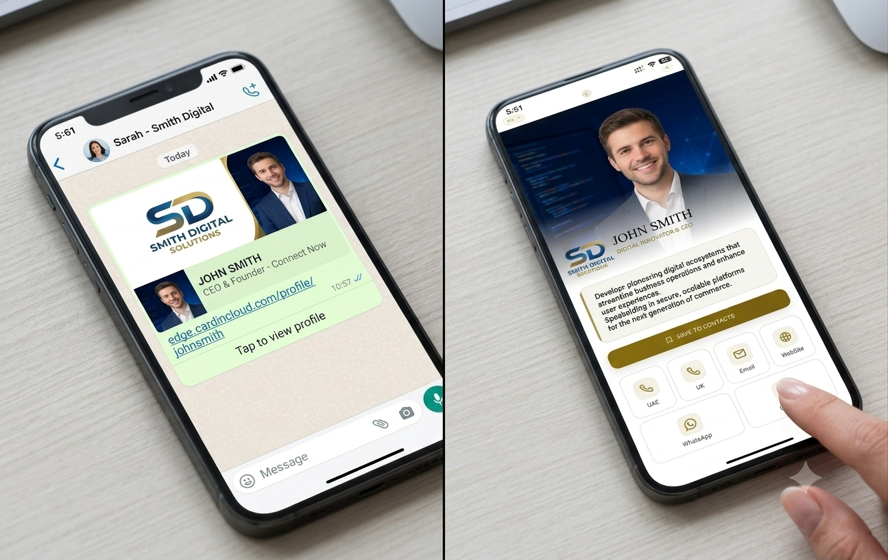 Share CardInCloud digital profile link through WhatsApp, email, and social media