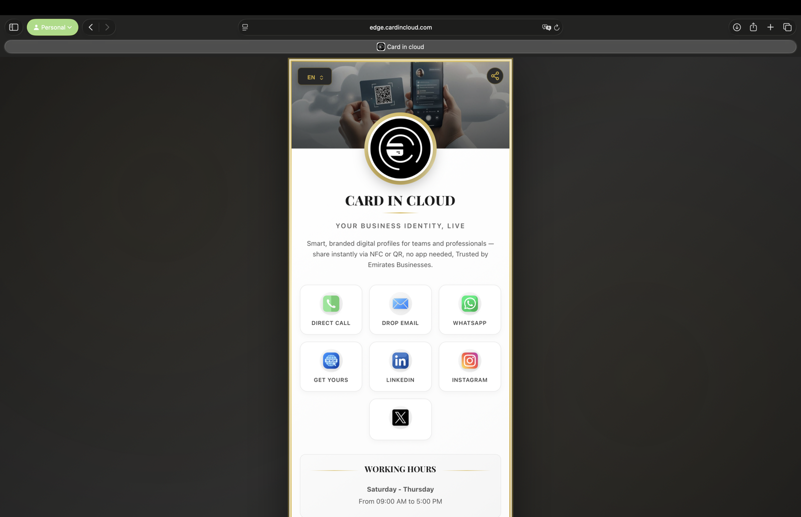 A CardInCloud digital profile opening on a smartphone