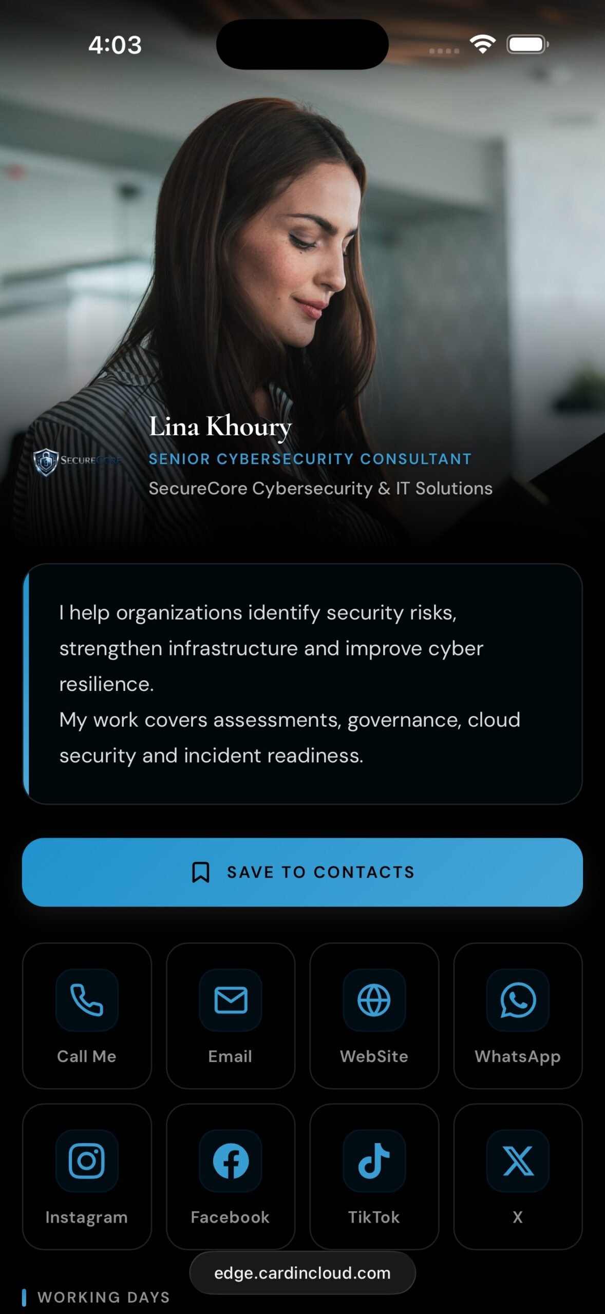 CardInCloud profile preview on iPhone