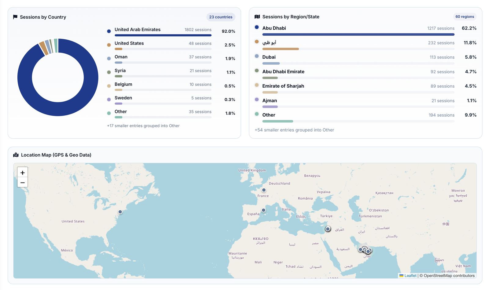 CardInCloud analytics dashboard showing sessions by country, region, state and location map
